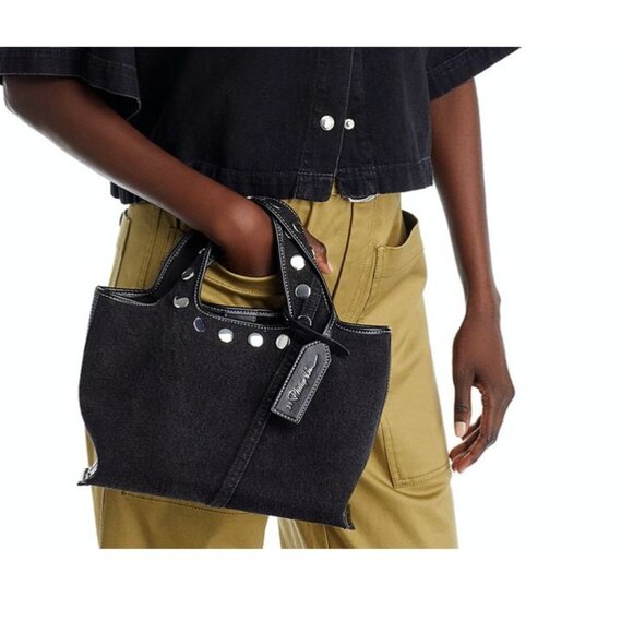 NEW 3.1 PHILLIP LIM Washed Black Denim Mini Market Tote Bag With Studs - Picture 2 of 11